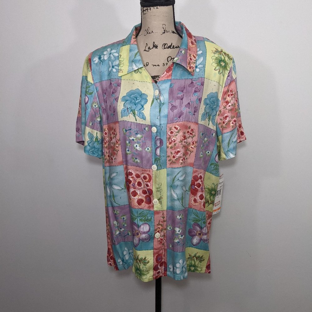 NWT Alfred Dunner Patchwork Shirt Womens Multicolor Button Collar Top 18